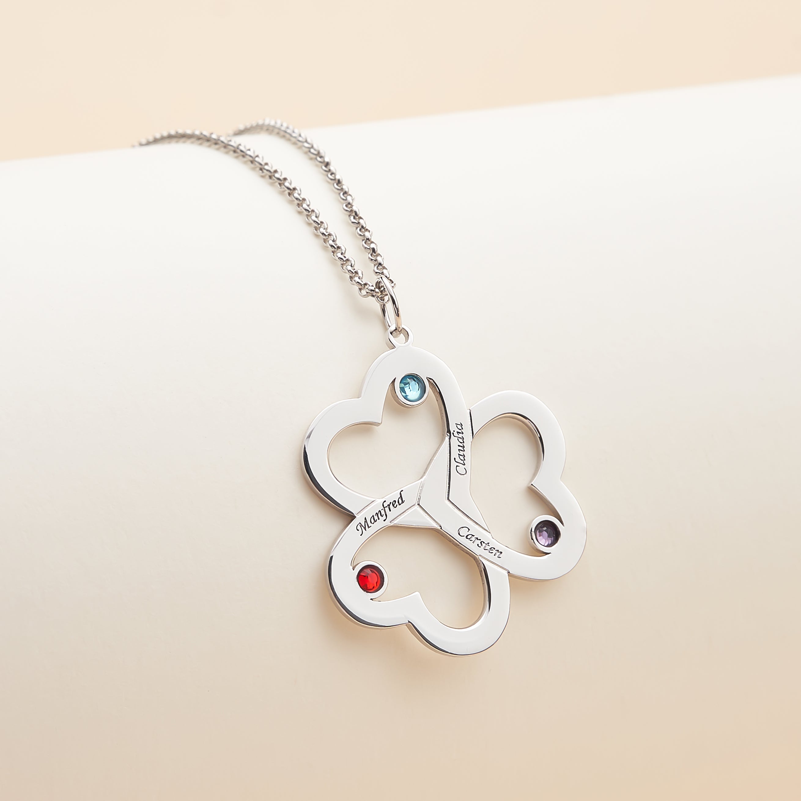Lucky Clover Personalized Family Name Neckalce 3 Names with birthstones