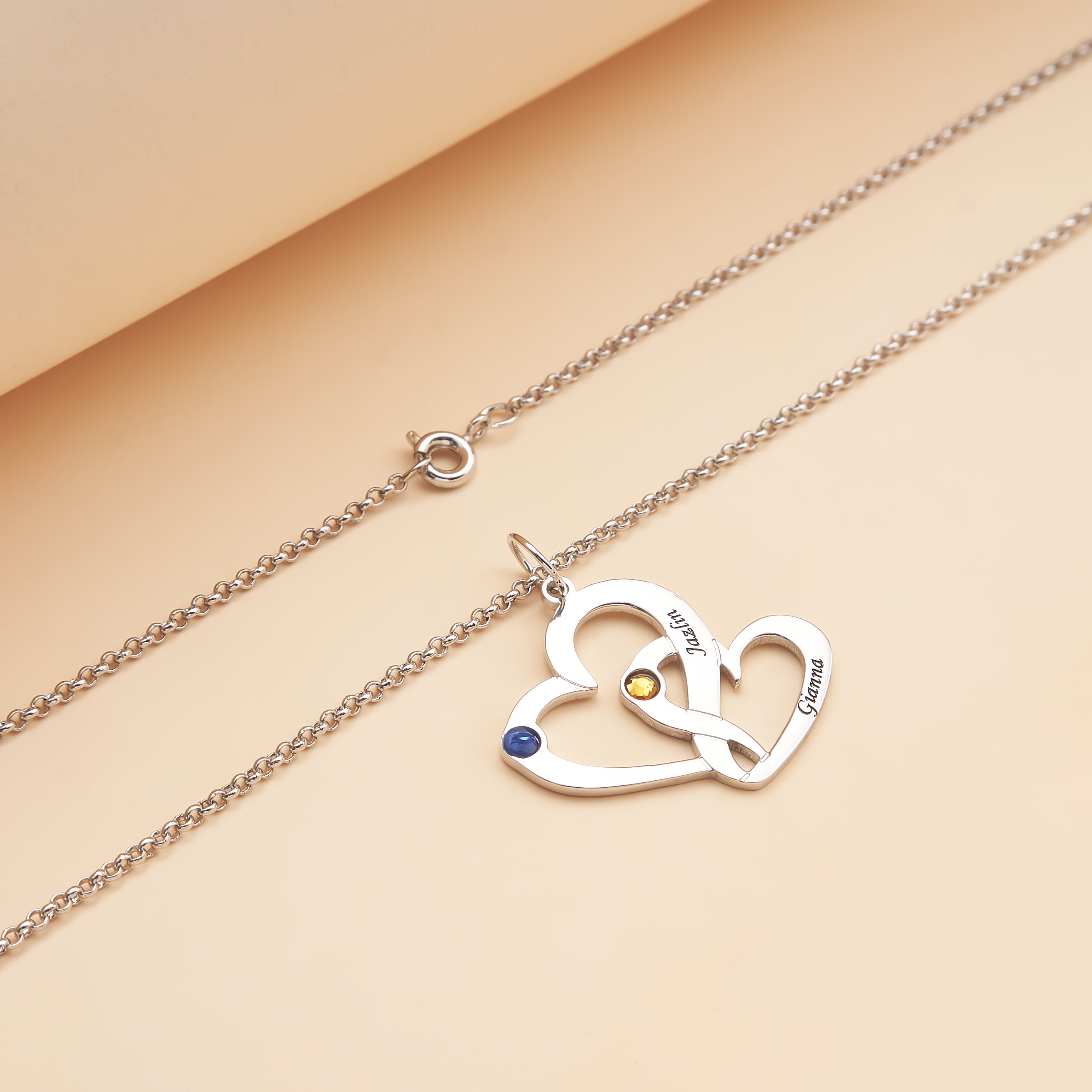 Interlocking Heart Promise Name Necklace with Two Birth Stones